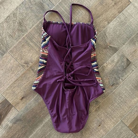 Mossimo Tribal Burgundy One Piece Swimsuit Lace Up Back Size Large - Picture 4 of 5